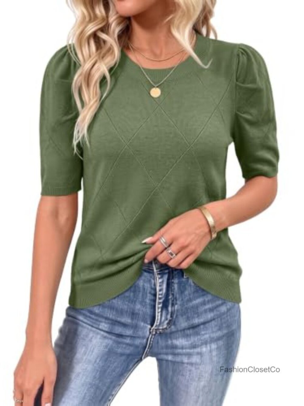 Women's Short Puff Sleeve Sweater Crewneck Knit Pullover Lightweight Crochet